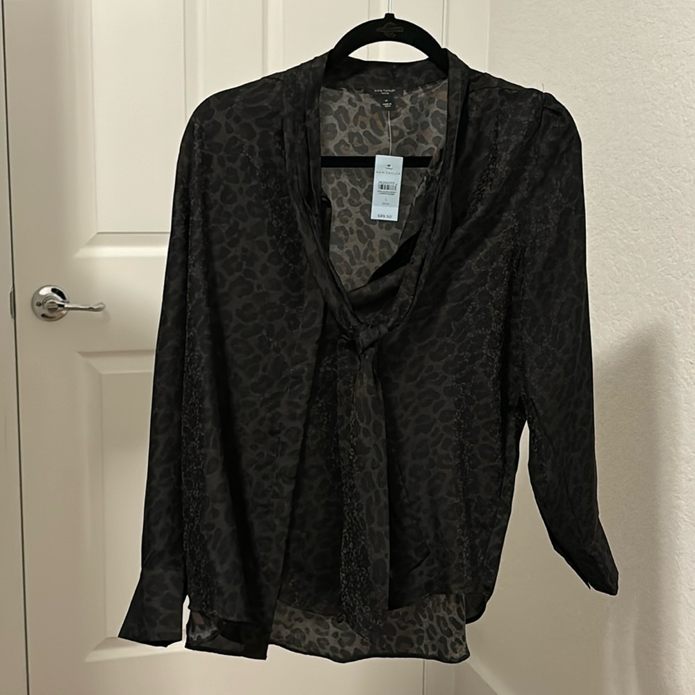 Ann Taylor Black Sheer Tie-Neck Blouse